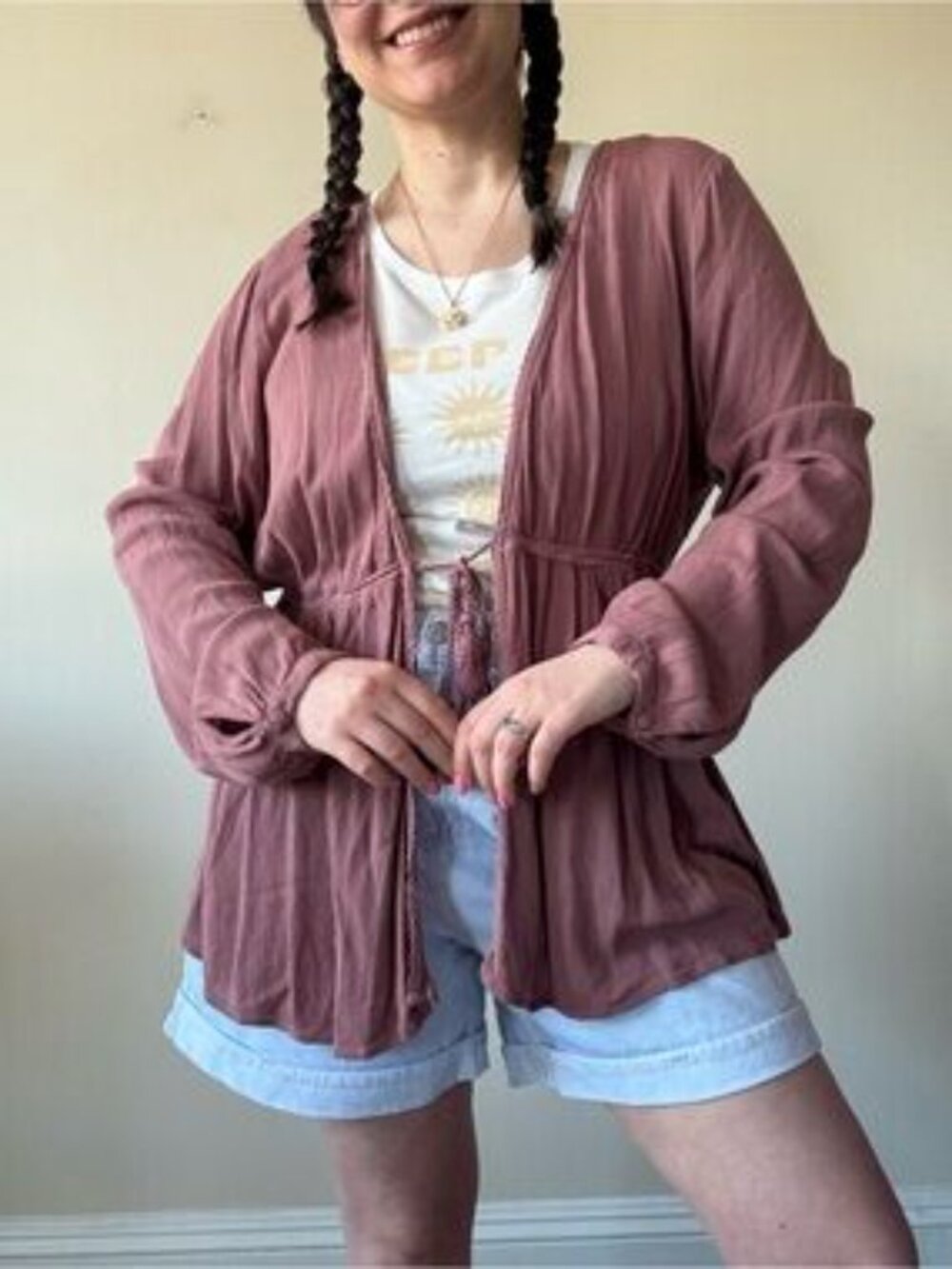 Torrid Women's Walnut Pink Long Sleeve Tie-Front Babydoll Kimono Top Size 1